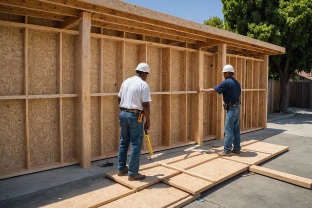 A house being secured with bolts on the foundation and reinforced cripple walls with plywood in an urban setting, showing earthquake preparedness in Los Angeles