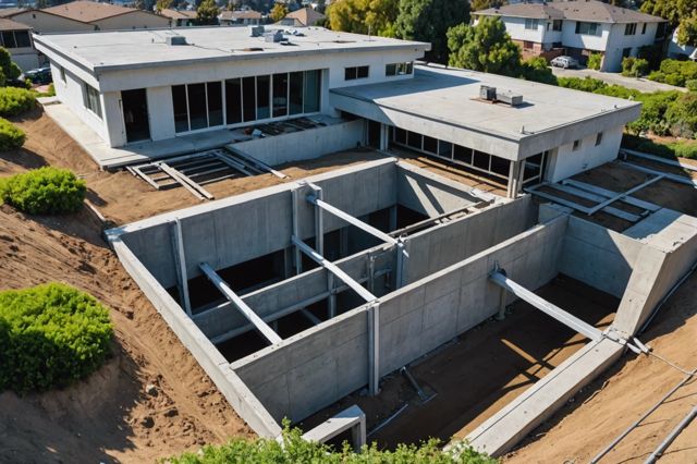 Earthquake-resistant foundation under a house in Los Angeles, with visible steel-reinforced concrete and base isolators, surrounded by managed drainage and diverse soil conditions.