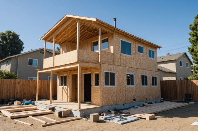 A house in Los Angeles with base isolation technology, surrounded by retrofitting tools like bolts and plywood, under a clear sky