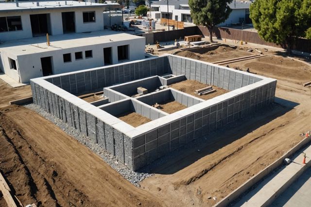 A sustainable building foundation in Los Angeles featuring eco-friendly materials like recycled plastic polymers, natural stones, and cob amidst a modern construction site