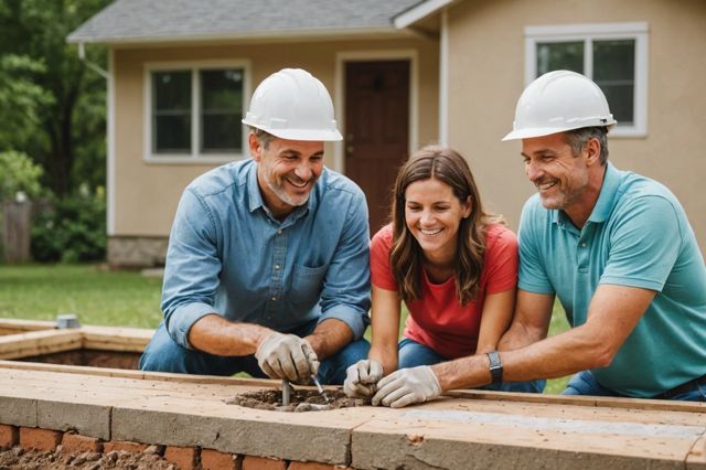 Happy family observing house foundation repair