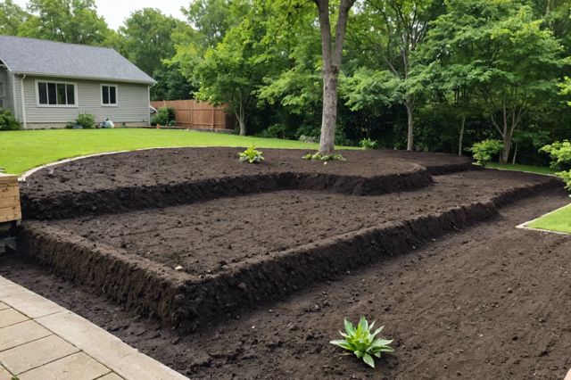 Freshly backfilled soil around a new house foundation with waterproof coatings visible and a landscaped garden having proper grading to ensure water flow away