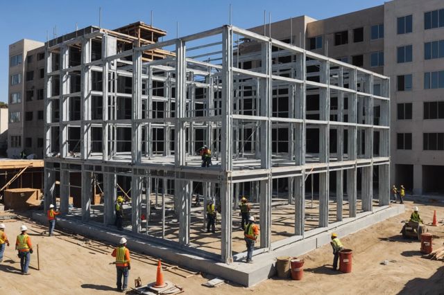 A construction site in Los Angeles with workers using seismic design techniques on a foundation, featuring shear walls, braced frames, and seismic isolators under a clear sky