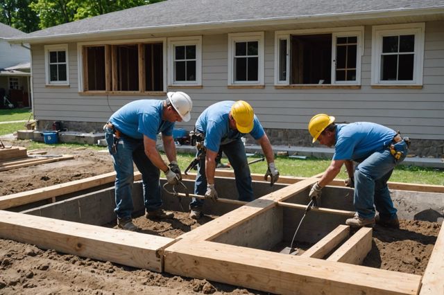 Construction workers reinforcing house foundation