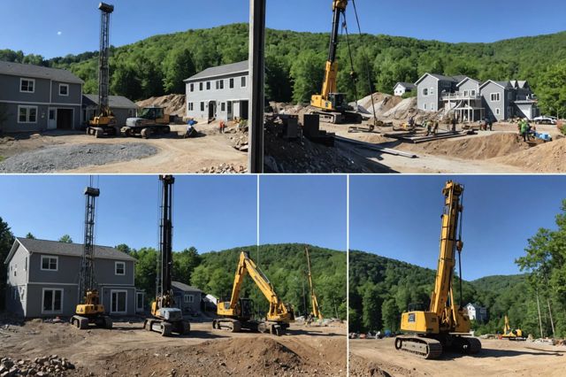 A picturesque scene showing a home being lifted back to level with steel piles and a rotary drill in a rocky terrain, and another scene depicting the installation of helical piles at townhomes under a clear sky