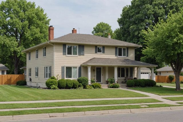 A house with visible foundation repairs, including pins and grouting, overseen by a licensed engineer, with a serene suburban background showing well-graded yards and distant trees