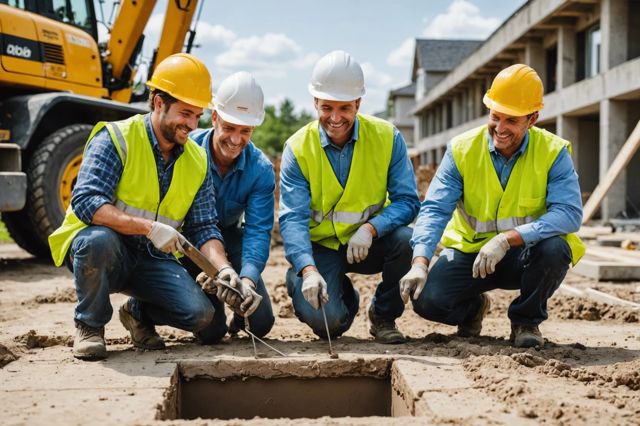 Happy construction workers inspecting foundation repair