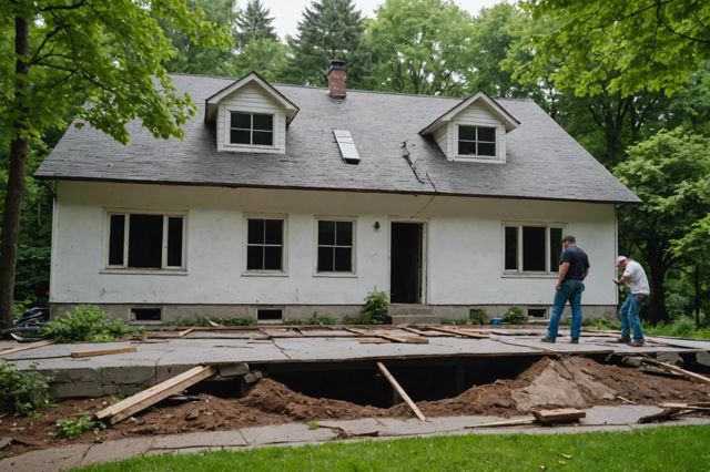 A house with visible foundation cracks and uneven floors, surrounded by trees, with a professional inspecting the damage under cloudy skies