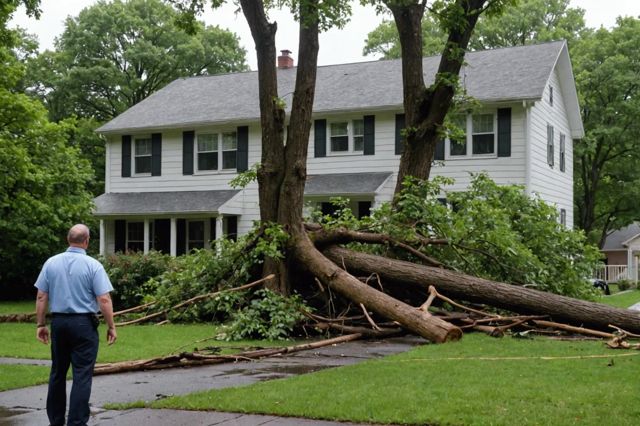 A tree fallen on a house during a storm, with visible foundation damage and an inspector assessing the scene