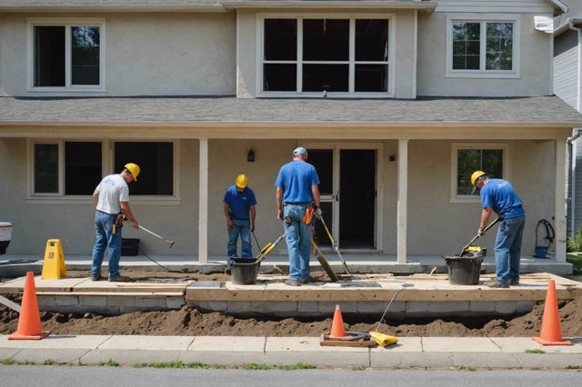 A construction team working on foundation repair with tools, displaying water damage repair and preventive measures around a building