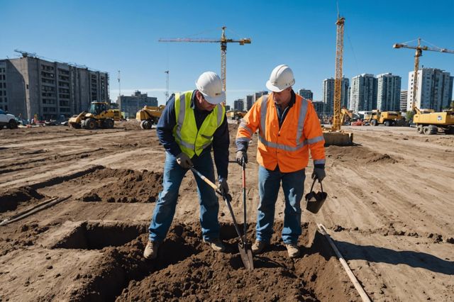 Construction workers examining soil with tools in an urban site, with visible demarcations for utilities and a clear blue sky