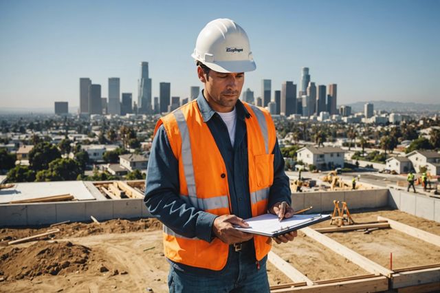 Construction worker examining a completed foundation of a house with a clipboard, sunny Los Angeles skyline in the background