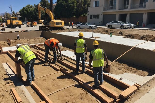 Construction workers replacing foundation, sunny Los Angeles