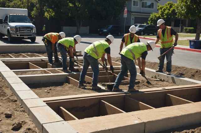 Construction workers replacing foundation in sunny Los Angeles