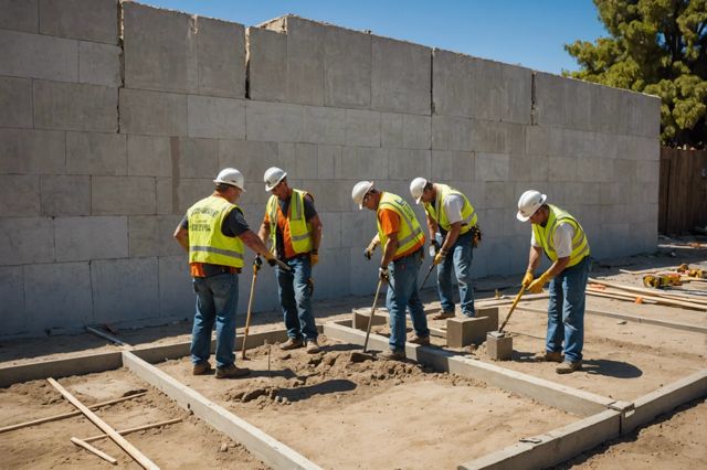 Construction workers assessing foundation issues, using tools for slab jacking and underpinning near a cracked wall, in a sunny Los Angeles setting