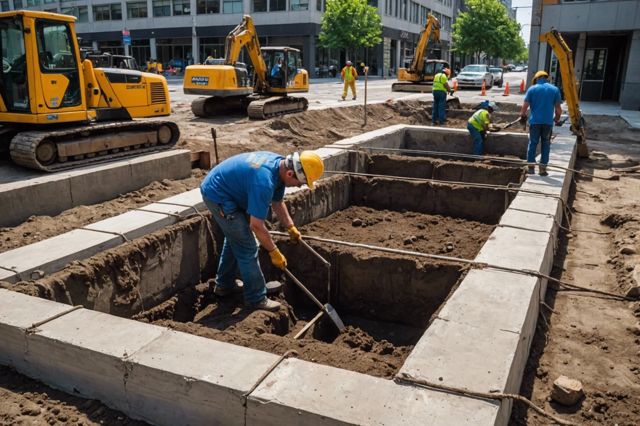 Workers excavating an old foundation, testing the soil, and pouring a new concrete foundation with rebar in an urban setting