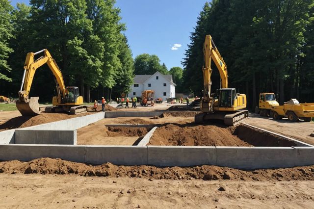 Construction workers replacing house foundation, sunny day