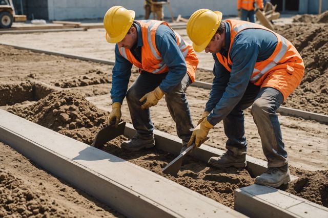 Construction workers in safety gear excavating soil at a construction site, leveling ground, pouring concrete into forms, and smoothing the surface with trowels