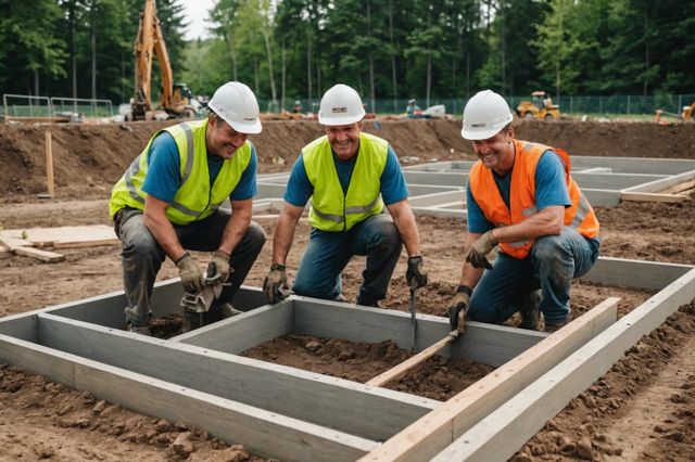 Smiling workers installing sturdy house foundation