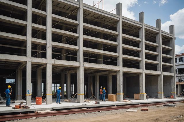 Engineers using advanced materials and technology to strengthen a building's structure against earthquakes, with focus on retrofitting a vulnerable large concrete frame building