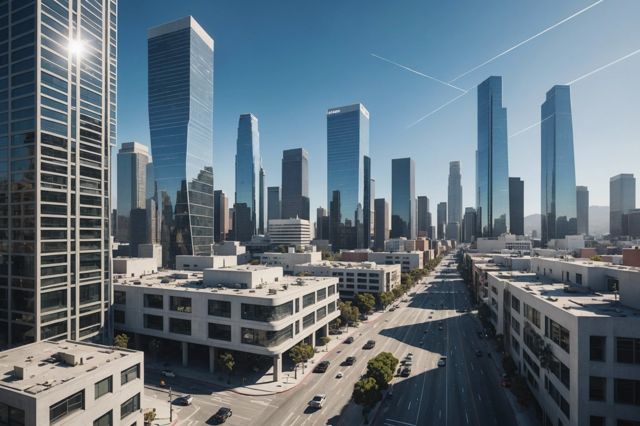 A futuristic cityscape in Los Angeles with buildings using base isolation systems, surrounded by seismic waves being redirected, under a clear sky