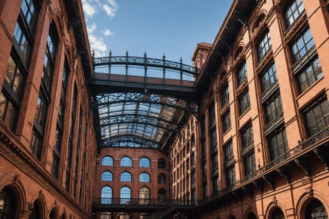 A detailed view of the Bradbury Building's ornate ironwork and expansive skylights, next to the earthquake-resistant Capitol Records Building with its deep foundation