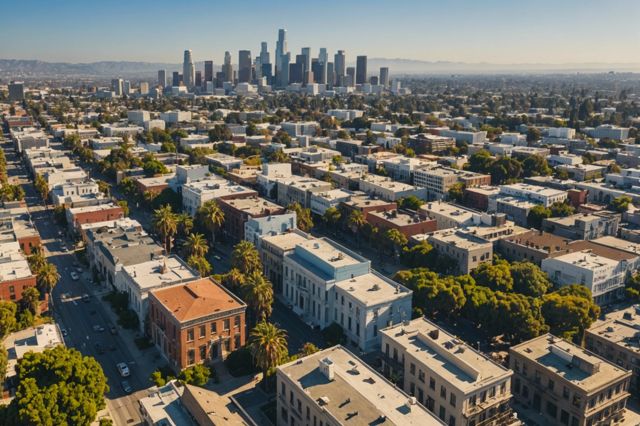 Scenic view of Los Angeles with diverse historic buildings under sunlight, showcasing different architectural styles and periods