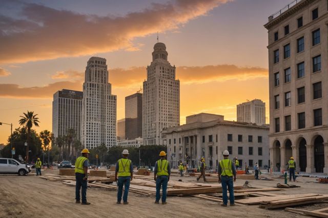 Historic LA buildings at sunset, construction workers smiling