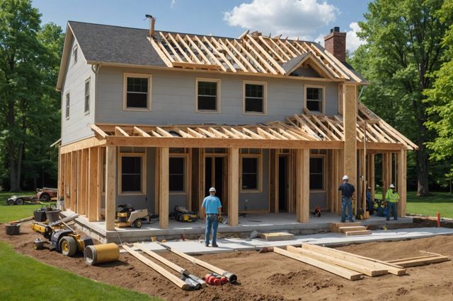 A sturdy home with a visible foundation split into sections showing slab, crawl space, and basement types, surrounded by construction tools and engineers examining the structure