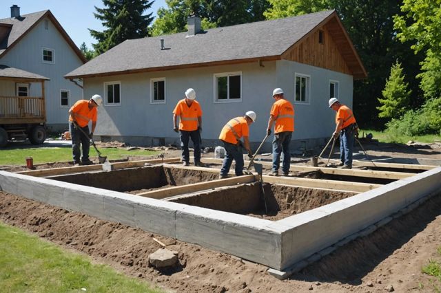 Workers leveling house foundation, sunny day