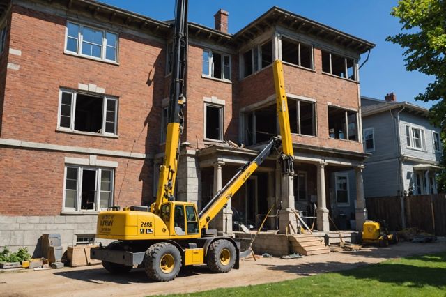 An old house being lifted gently with large hydraulic jacks on a sunny day, surrounded by construction tools