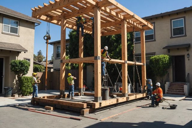 A house being lifted by hydraulic jacks with workers positioning steel beams and wooden cribbing for support in a sunny Los Angeles neighborhood