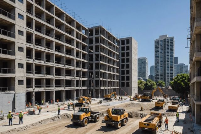 A bustling construction site in Los Angeles with workers installing steel supports and new concrete walls on an older low-rise apartment building, set against a backdrop of a sunny cityscape indicating proactive earthquake preparedness.