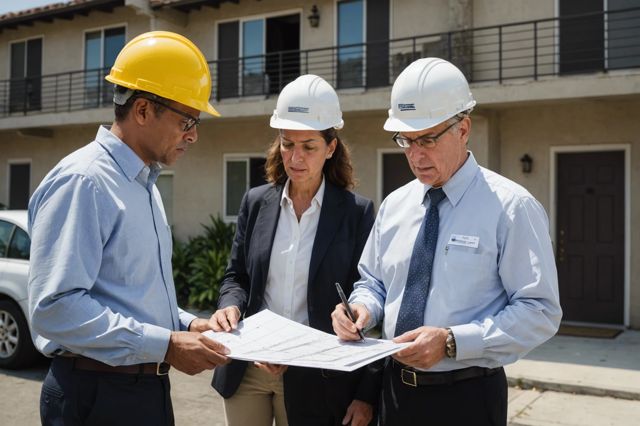 Architect reviewing earthquake retrofit plans with a homeowner, next to a Los Angeles building under inspection