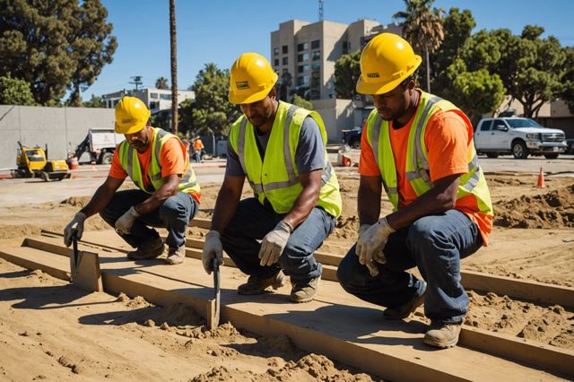 Construction workers laying foundation in sunny Los Angeles