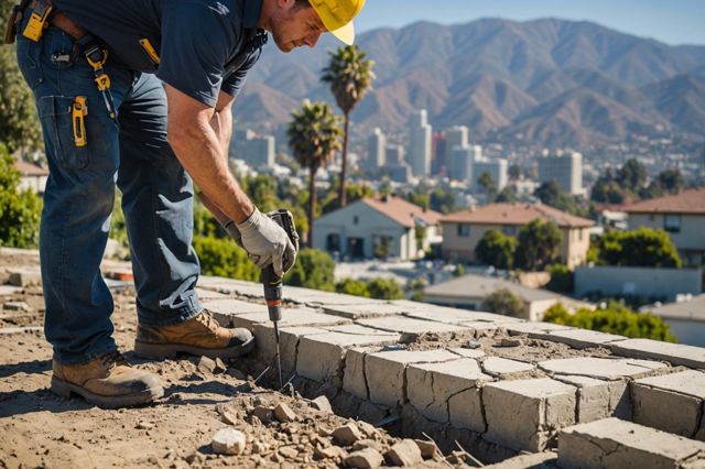 A skilled foundation contractor inspecting visible cracks in a house foundation, with tools in hand, in an urban Los Angeles setting with hills in the background