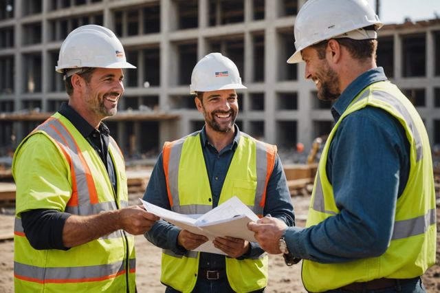 Smiling contractors discussing plans on Los Angeles construction site