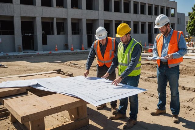 Construction site in Los Angeles with a building inspector reviewing plans, workers preparing for inspection, and various stages of foundation construction visible