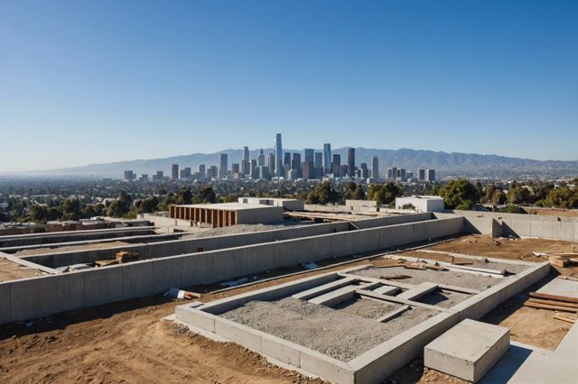 A diverse range of foundation materials including concrete, steel, and wood, set against a backdrop of Los Angeles with clear skies and an earthquake fault line visible