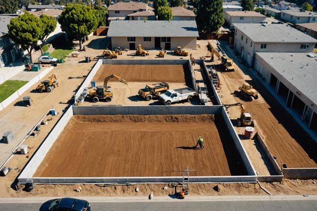 A sunny Los Angeles landscape showing different types of foundations including slab-on-grade, crawlspace, and basement with construction workers and equipment, surrounded by diverse soil conditions.