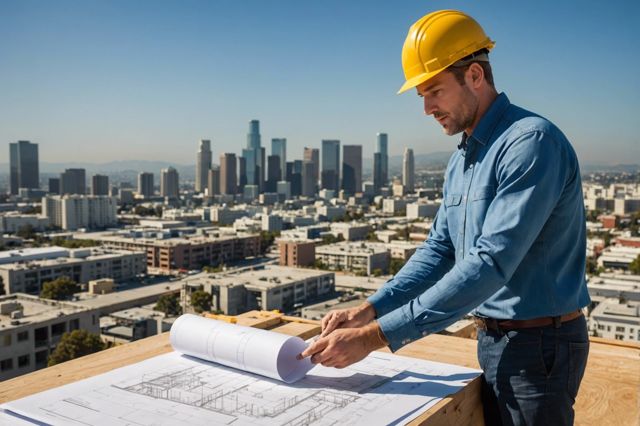 Architect reviewing blueprints with Los Angeles cityscape in the background, a construction site with foundation work in progress