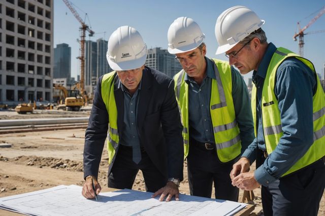 Architect reviewing detailed plans, a calendar marking deadlines, and a consultant advising, set against the backdrop of a bustling Los Angeles construction site