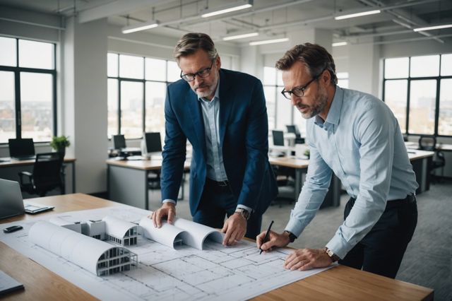 Architect reviewing detailed blueprints, with a model of an affordable housing project, and meeting with city officials in a modern office setting