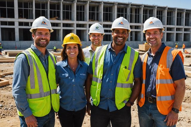 Construction workers smiling at LA foundation site