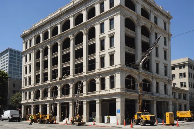 A historic building in Los Angeles being retrofitted for earthquake resistance, with workers installing helical piers and applying waterproofing measures