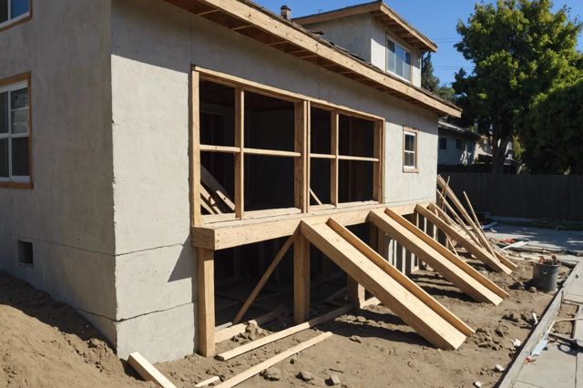 A house in Los Angeles being retrofitted for earthquake safety, showing the reinforcement of the mud sill and cripple walls with plywood