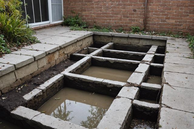 A damaged house foundation in Los Angeles with visible cracks and uneven floors, surrounded by poor drainage and mold