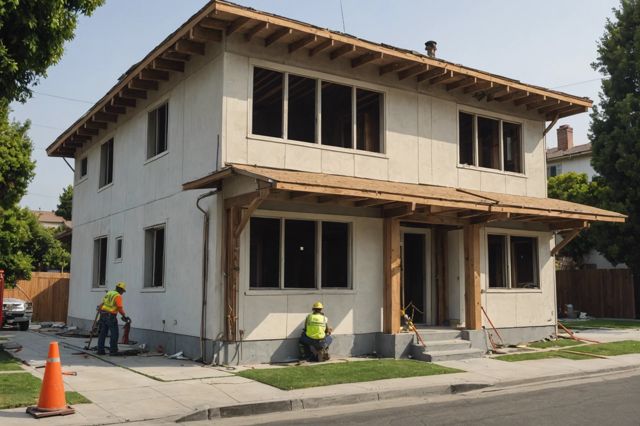 A house in Los Angeles being retrofitted for earthquake safety with visible support beams and construction workers, no visible damage