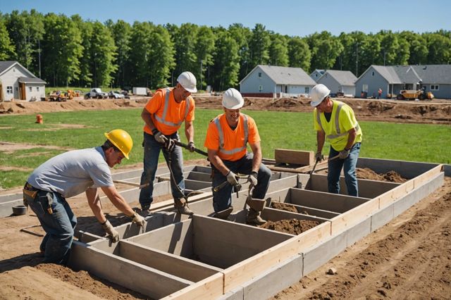 Smiling workers installing new foundation under sunny sky