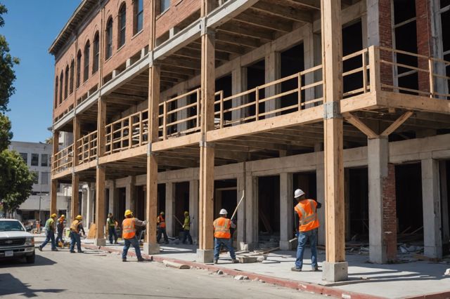 Construction workers retrofitting an old building with new support beams in an urban setting, depicting earthquake preparedness in Los Angeles